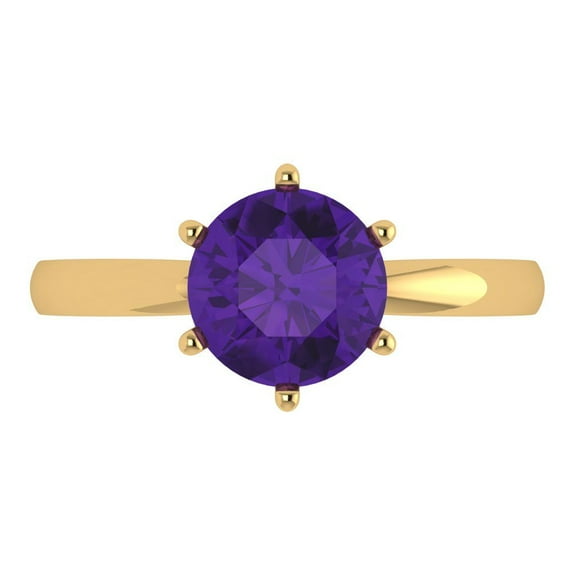 Clara Pucci 14K Yellow Gold Solid Gold Amethyst Solitaire Anniversary Ring for Women - 2 cttw Round Cut