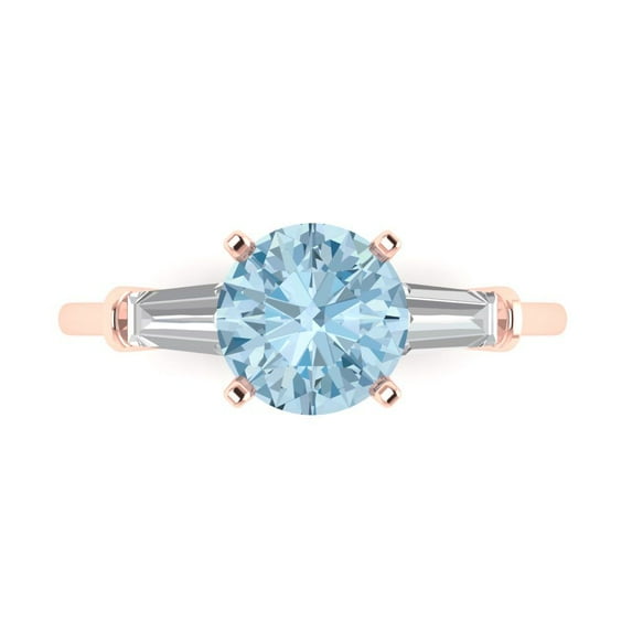 2 ct Round Cut Natural Aquamarine 3 Stone 18K Rose Gold Womens Engagement Ring
