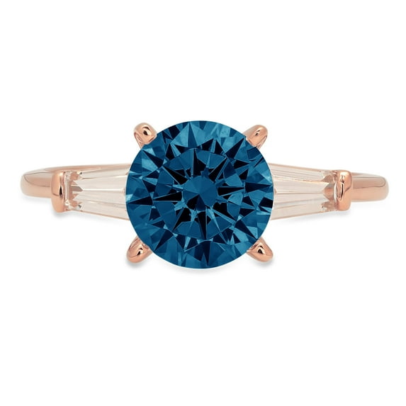 2 ct Round Cut Natural London Blue Topaz 3 Stone 14K Rose Gold Womens Engagement Ring