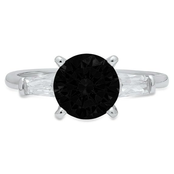 2 ct Round Cut Natural Onyx 3 Stone 18K White Gold Womens Engagement Ring