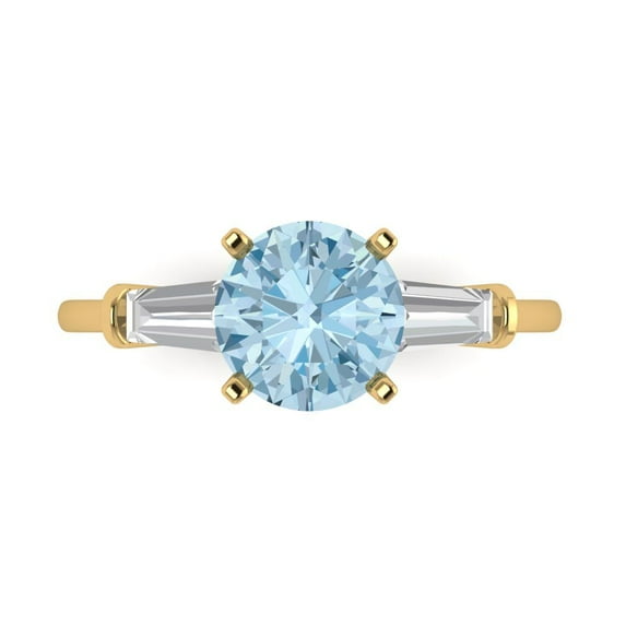2 ct Round Cut Natural Swiss Blue Topaz 3 Stone 14K Yellow Gold Womens Engagement Ring