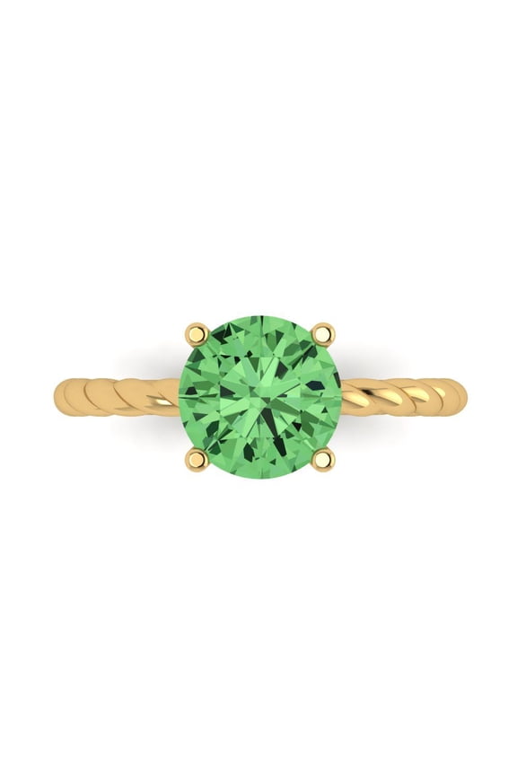14K Yellow Gold Solid Gold Green Solitaire Anniversary Ring for Women - 2 cttw Round Cut