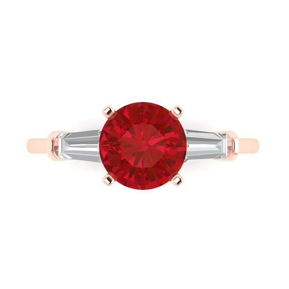 2 ctw 3 Stone Anniversary Ring for Women | Round Cut Simulated Ruby | Hyperallergenic Solid 18K Rose Gold