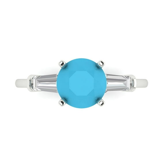 Clara Pucci 14K White Gold Solid Gold Turquoise Three-Stone Anniversary Ring for Women - 2 cttw Round Cut