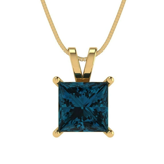 Clara Pucci 18K Yellow Solid Hypoallergenic Gold 2Ct Natural London Blue Topaz Princess Cut Solitaire Designer Necklace Pendant For December