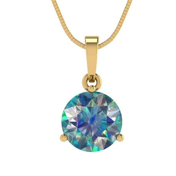 2 cctw Blue Moissanite Yellow Gold Plated Pendant with 16" Box Chain (8.0mm, Round Cut)