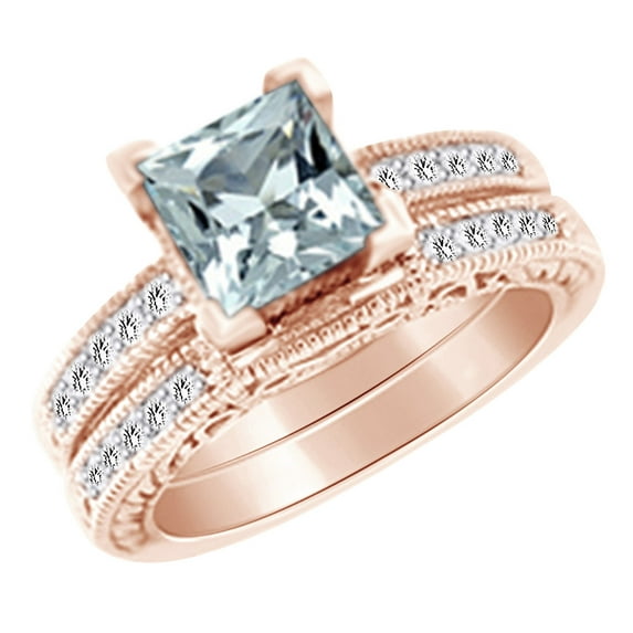 AFFY (2 cttw) Simulated Blue Aquamarine & White Natural Diamond Antique Engagement Ring Set In 14k Rose Gold With Ring Size 7.5