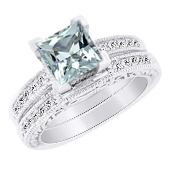 AFFY (2 cttw) Simulated Blue Aquamarine & White Natural Diamond Antique Engagement Ring Set In 14k White Gold With Ring Size 4.5