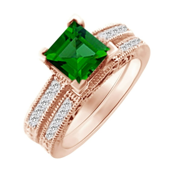 AFFY (2 cttw) Simulated Green Emerald & White Natural Diamond Vintage Engagement Wedding Ring Set In 14k Rose Gold With Ring Size 4