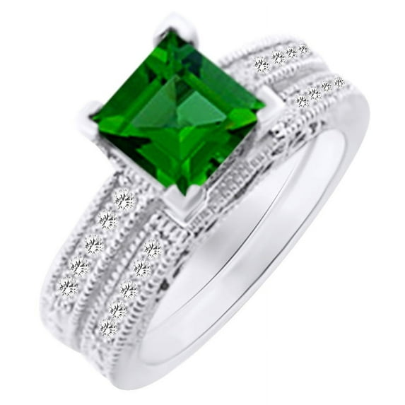 AFFY (2 cttw) Simulated Green Emerald & White Natural Diamond Vintage Engagement Wedding Ring Set In 14k White Gold With Ring Size 11