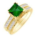thumbnail image 1 of AFFY (2 cttw) Simulated Green Emerald & White Natural Diamond Vintage Engagement Wedding Ring Set In 14k Yellow Gold With Ring Size 11, 1 of 1