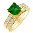 thumbnail image 1 of AFFY (2 cttw) Simulated Green Emerald & White Natural Diamond Vintage Engagement Wedding Ring Set In 14k Yellow Gold With Ring Size 6.5, 1 of 1