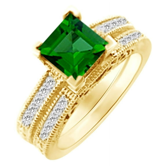 AFFY (2 cttw) Simulated Green Emerald & White Natural Diamond Vintage Engagement Wedding Ring Set In 14k Yellow Gold With Ring Size 8.5