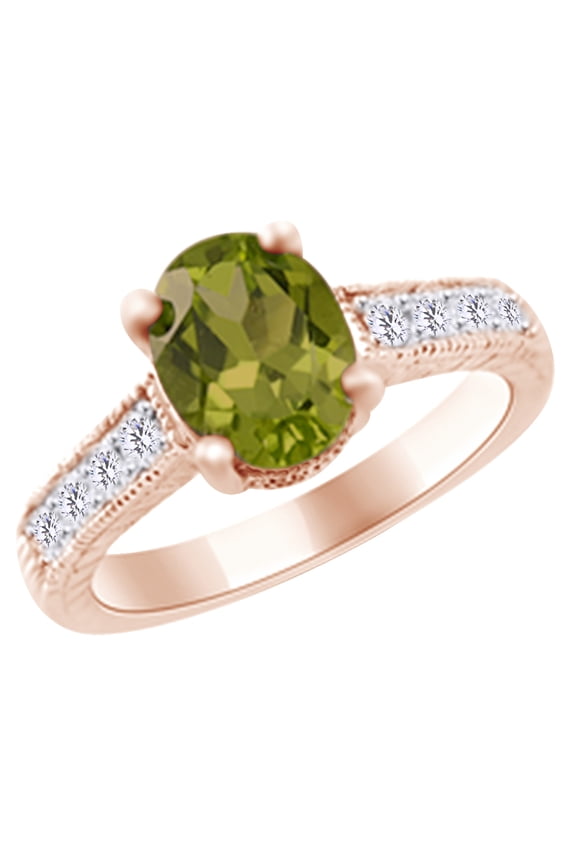 (2 cttw) Simulated Green Peridot & White Natural Diamond Antique Style Engagement Ring In 14k Rose Gold With Ring Size 14