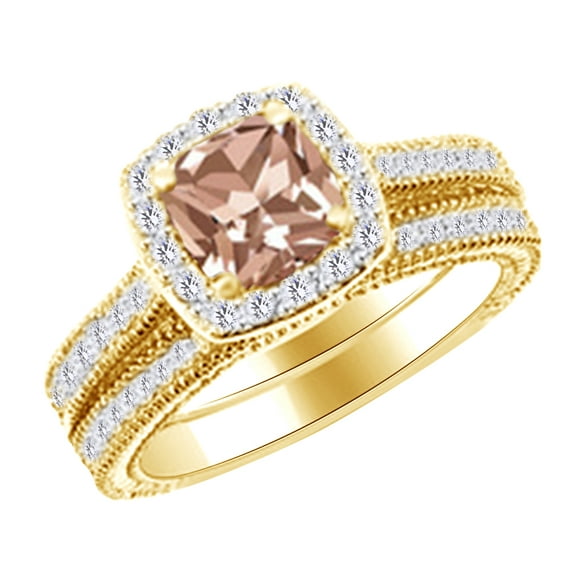 AFFY (2 cttw) Simulated Pink Morganite & Round Cut White Natural Diamond Halo Engagement Ring In 14k Yellow Gold With Ring Size -7.5