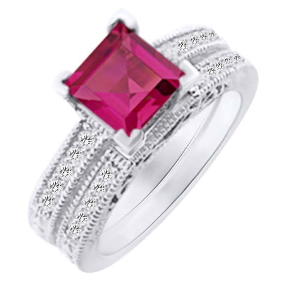 AFFY (2 cttw) Simulated Pink Sapphire & White Natural Diamond Engagement Wedding Ring Set In 14k White Gold With Ring Size 4.5