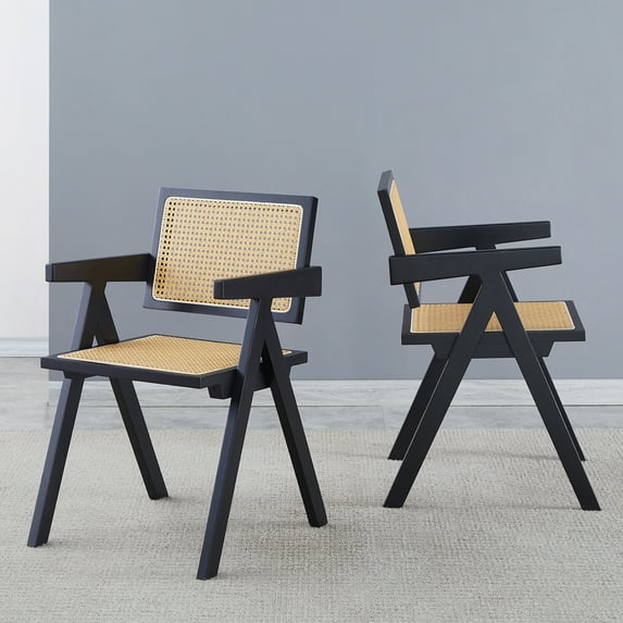 2 dining chairs, black, using rubber wood solid wood production, rattan weaving process, armrest solid wood dining chair, living room chair, simple and natural