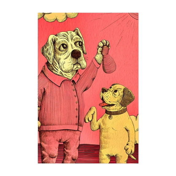 2 dogs - Illustration Dog Whimsical Humor Surrealism Pop Art Modern Art Unframed Wall Art Print 20 x 28 inches