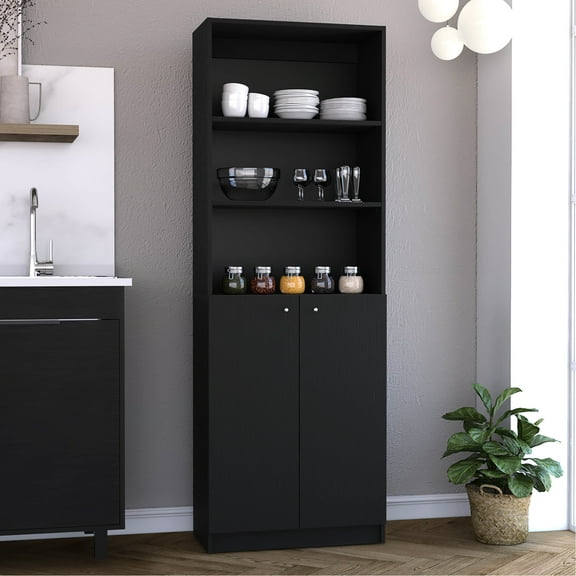 2-door Bookcase, Black With Upper Open Shelves & Enclosed Lower Storage For Living Room, Bedroom, Home Office Black, And A Well-organized