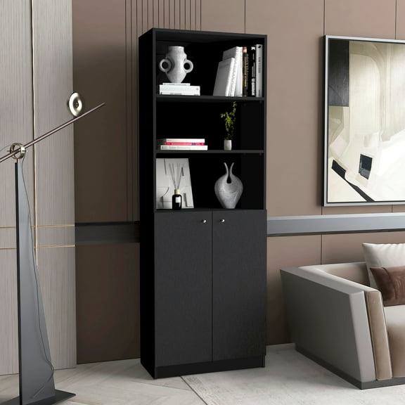 2-door Bookcase In Black For Living Room With Concealed And Open Shelf Storage Office Options