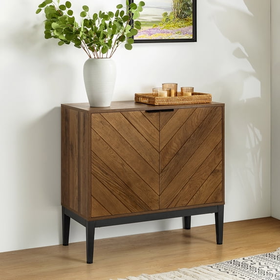 2-door Storage Sideboard with Adjustable Shelf Metal Legs Oark Herribone Design Living Room Walnut