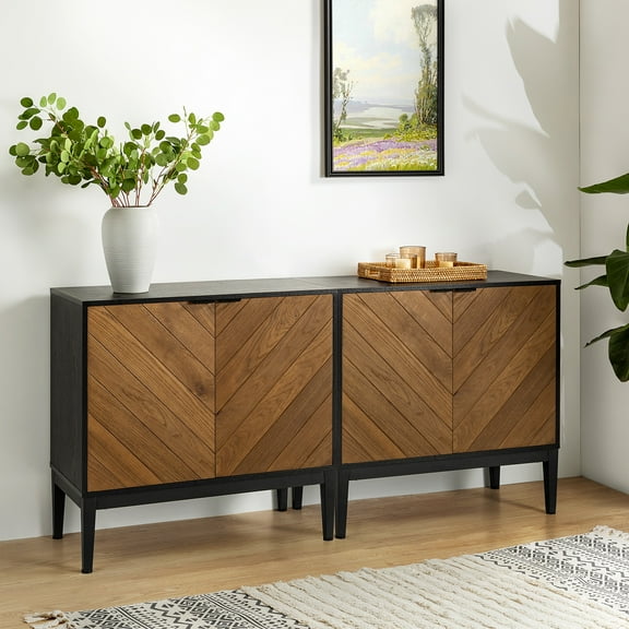 2-door Storage Sideboards with Adjustable Shelf Metal Legs Oark Herribone Design Set of 2 Living Room Black