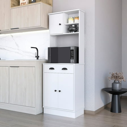 2-door White Kitchen Pantry With Shelving And Drawer Cabinet Microwave Shelf