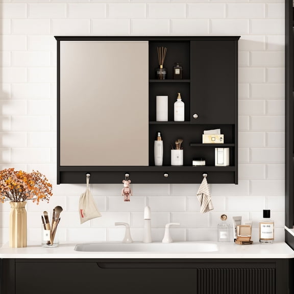 2 doors with mirror - Hidden storage function - Bathroom privacy items - Protects item privacy