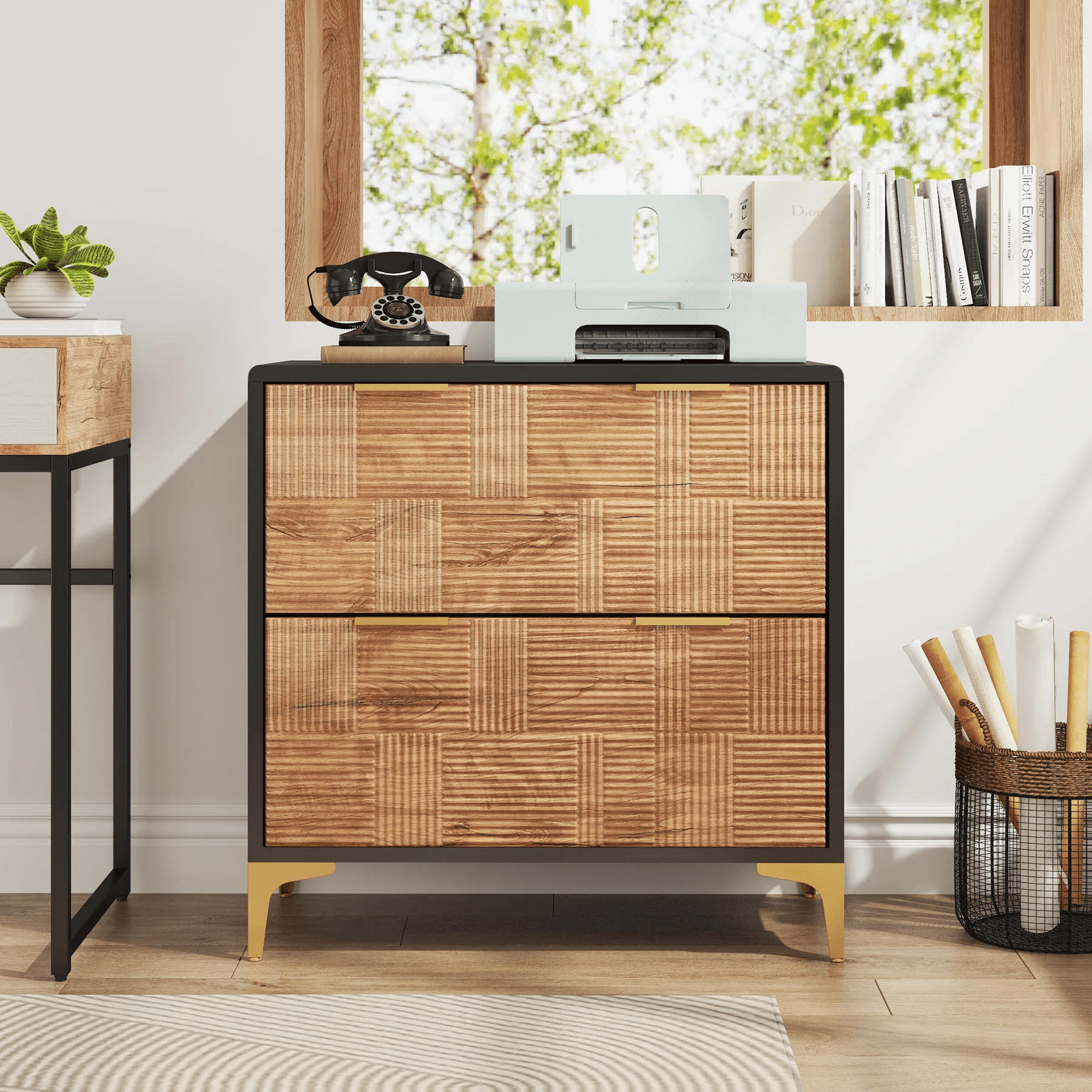 2 drawer horizontal, vertical, and horizontal wood grain filing