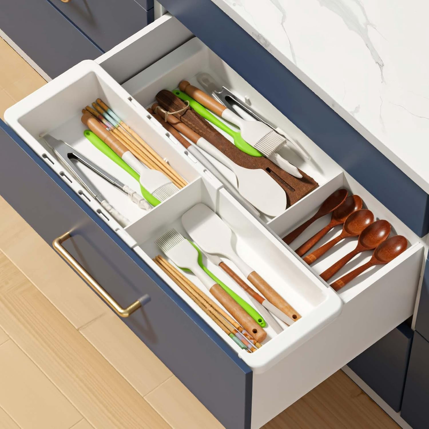 2 expandable sliding drawer trays, with adjustable dividers, white ...