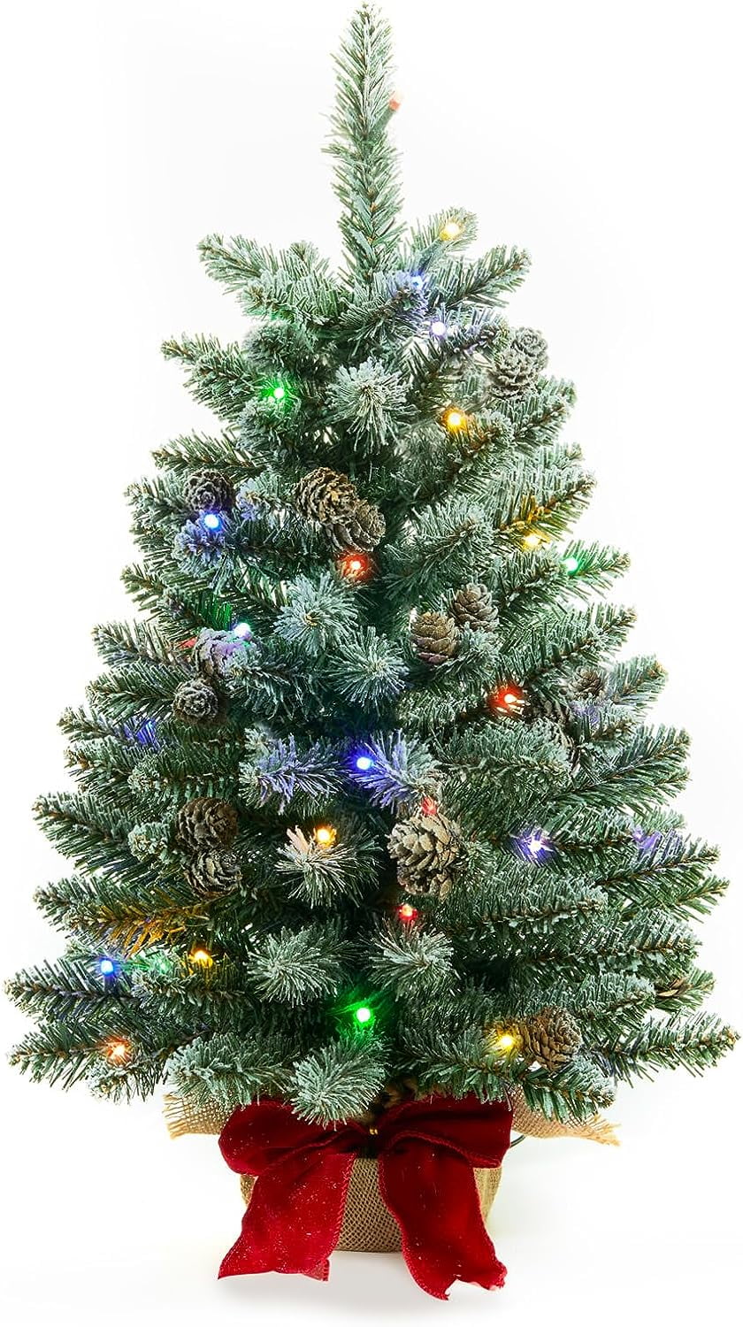 2 ft Mini Christmas Trees with 25 F5 LED Lights, 24" Decorated Burlap