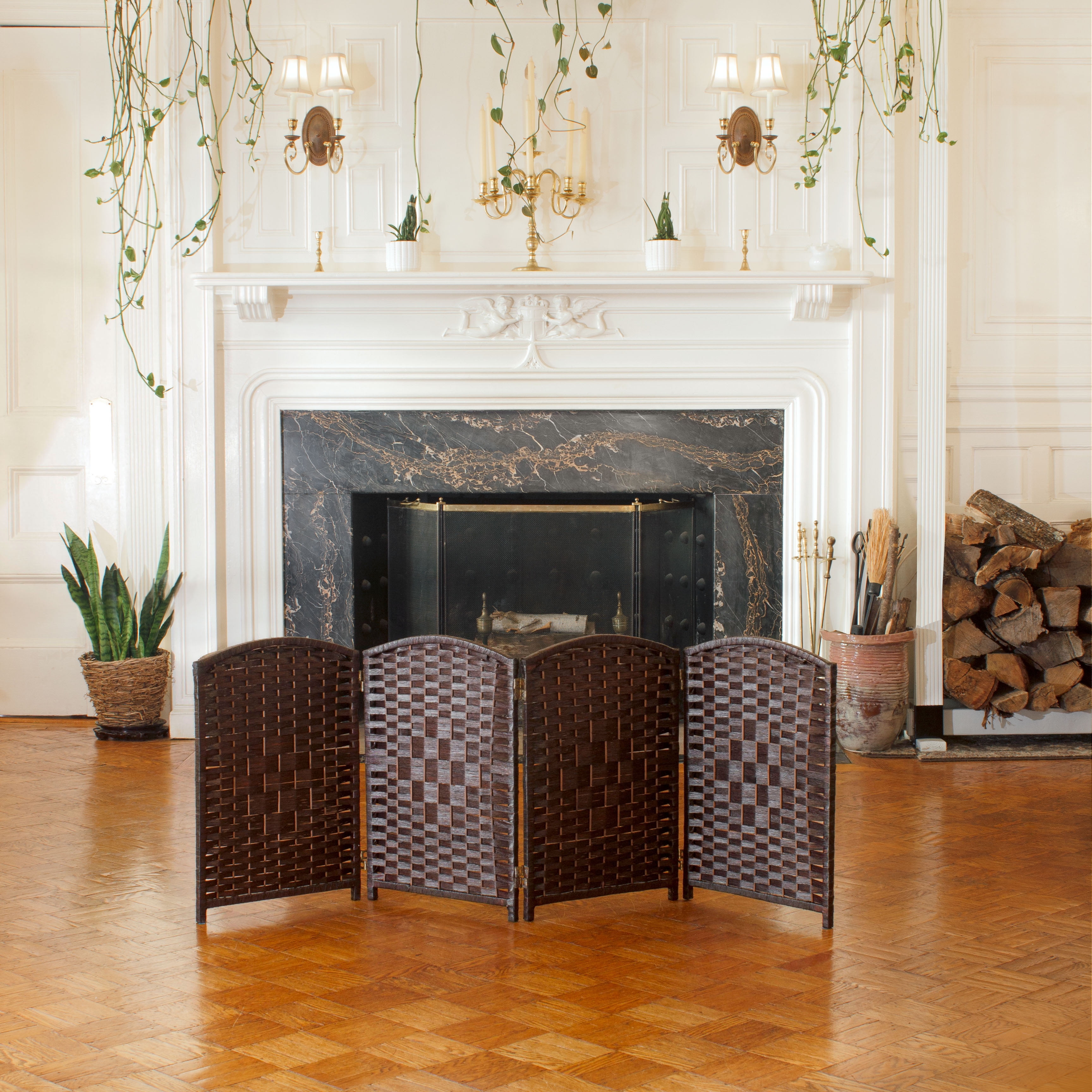 2 Ft Tall Dark Mocha Woven Fiber Folding Screen - 4 Panel
