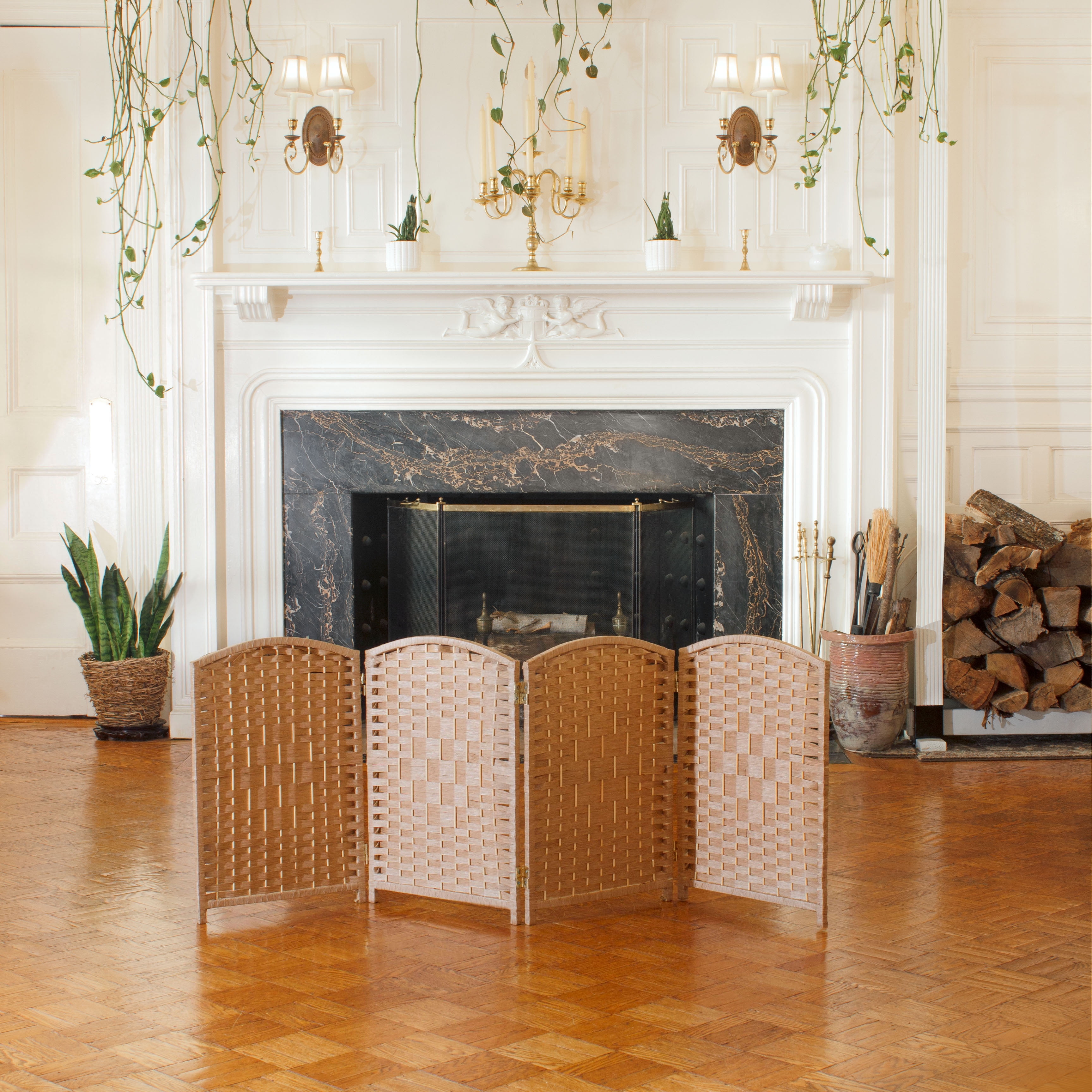 Natural Fiber 2 Ft Tall Folding Screen with 4 Panels