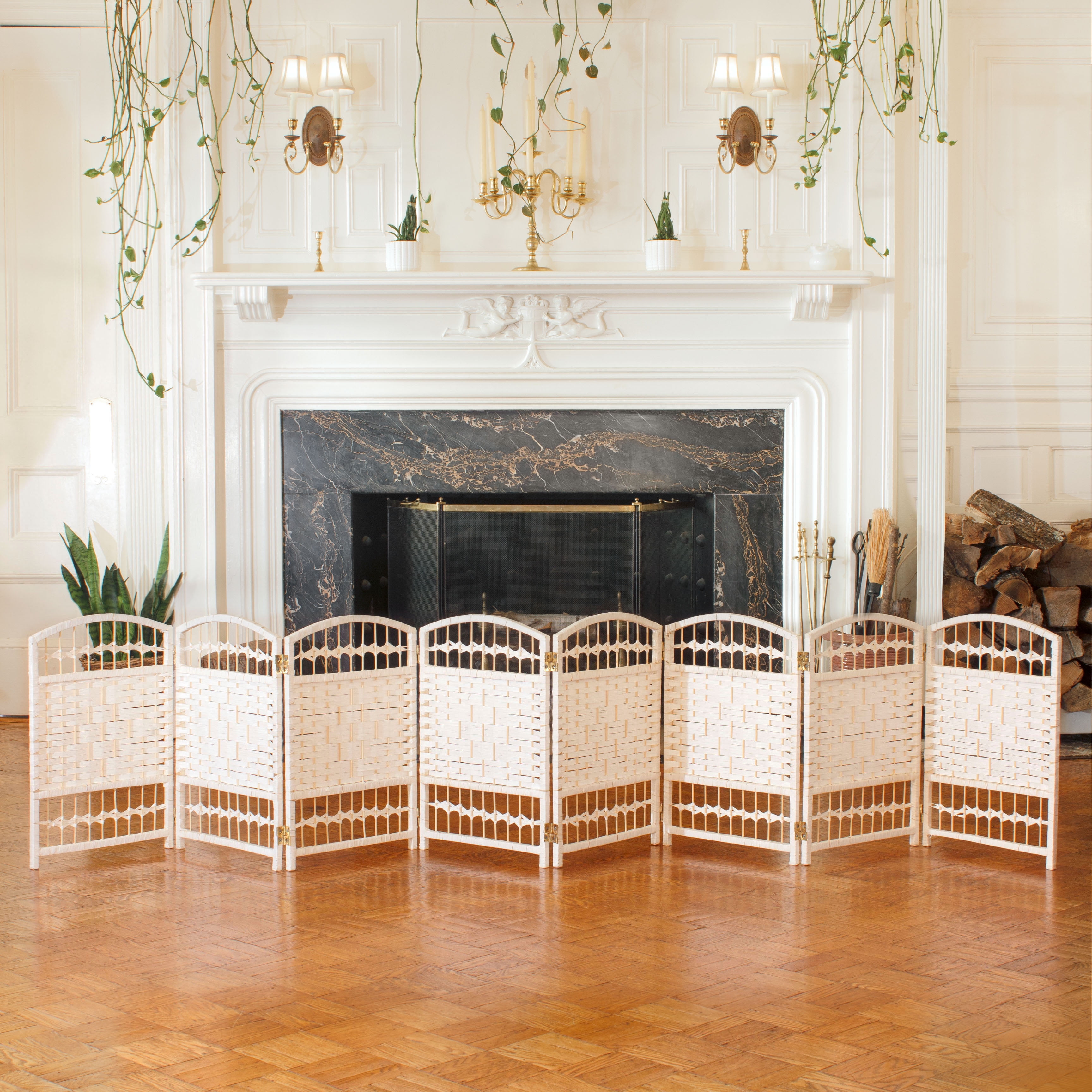 Red Lantern 2 ft. Short Fiber Weave Folding Screen - White - 8 Panels