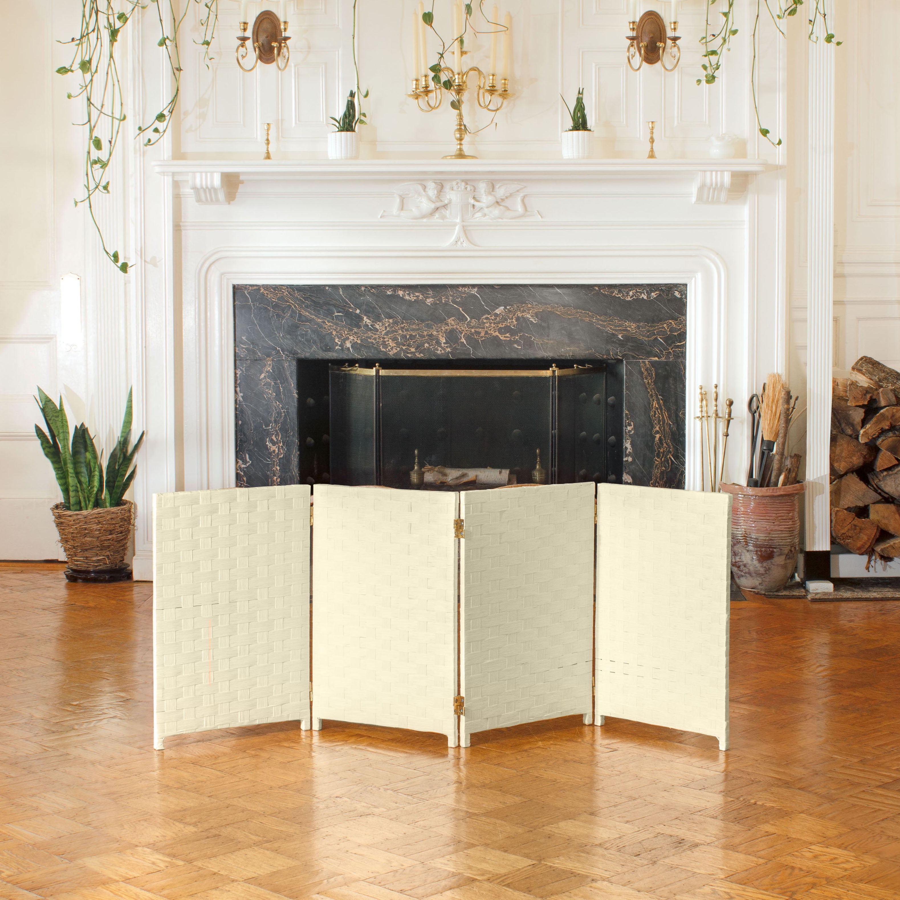 Red Lantern 2 ft. Short Woven Fiber Folding Screen - Cream - 4 Panel