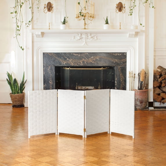 Red Lantern 2 ft. Short Woven Fiber Folding Screen - White - 4 Panel
