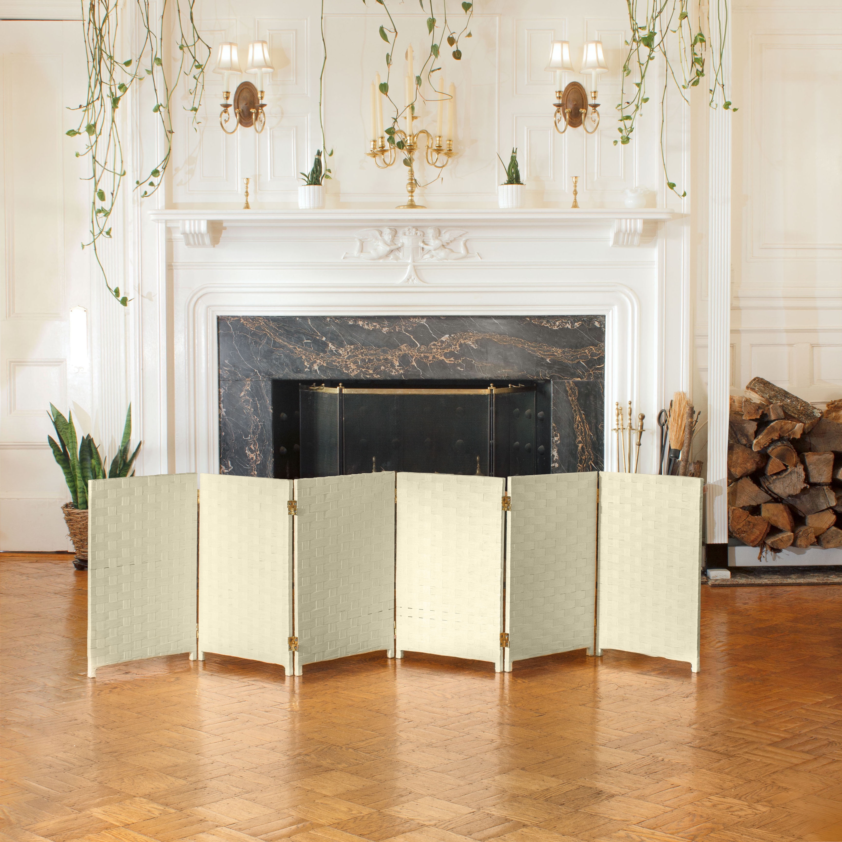 Red Lantern 2 ft. Short Woven Fiber Folding Screen - Cream - 6 Panel