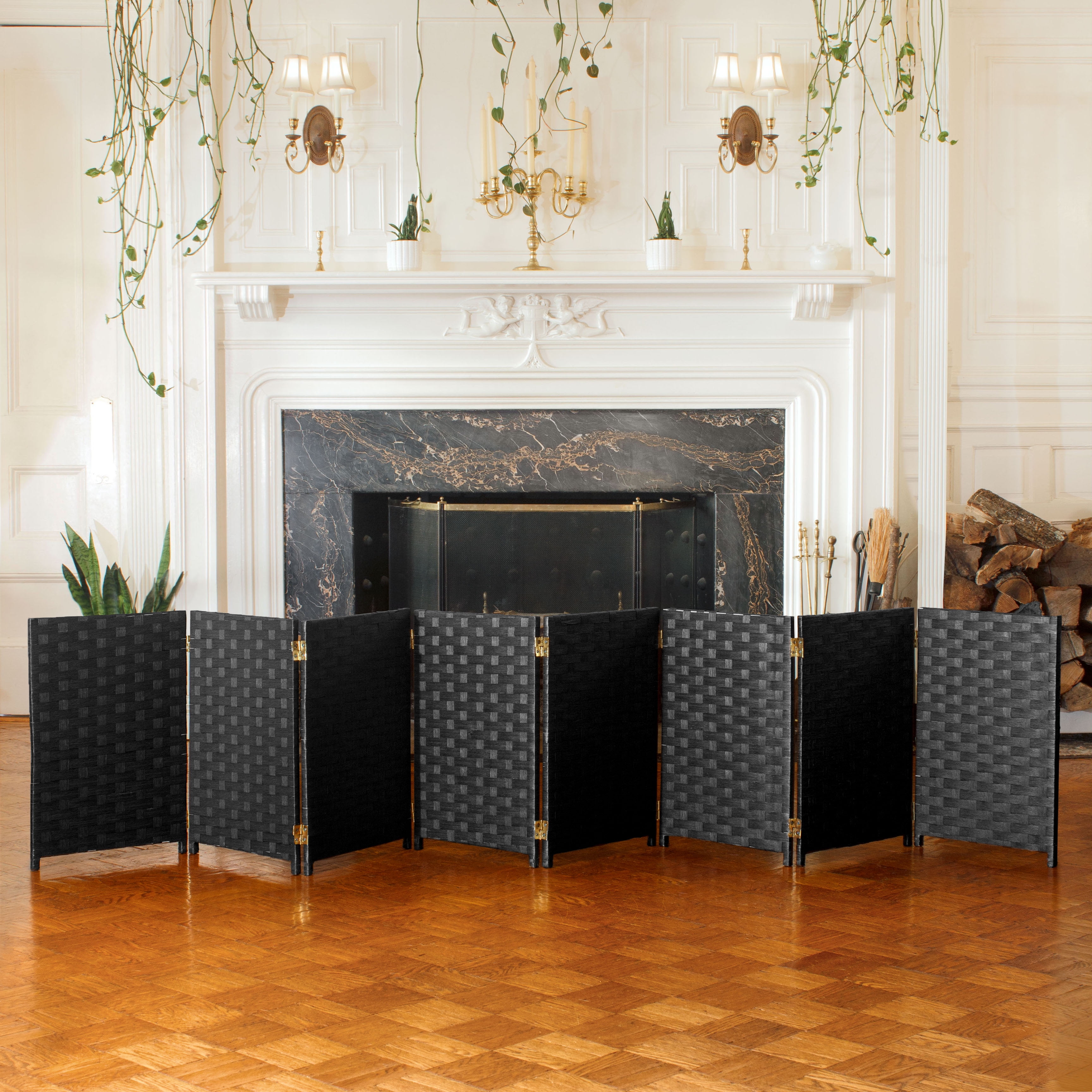 2 Ft Black Woven Fiber 8 Panel Folding Screen