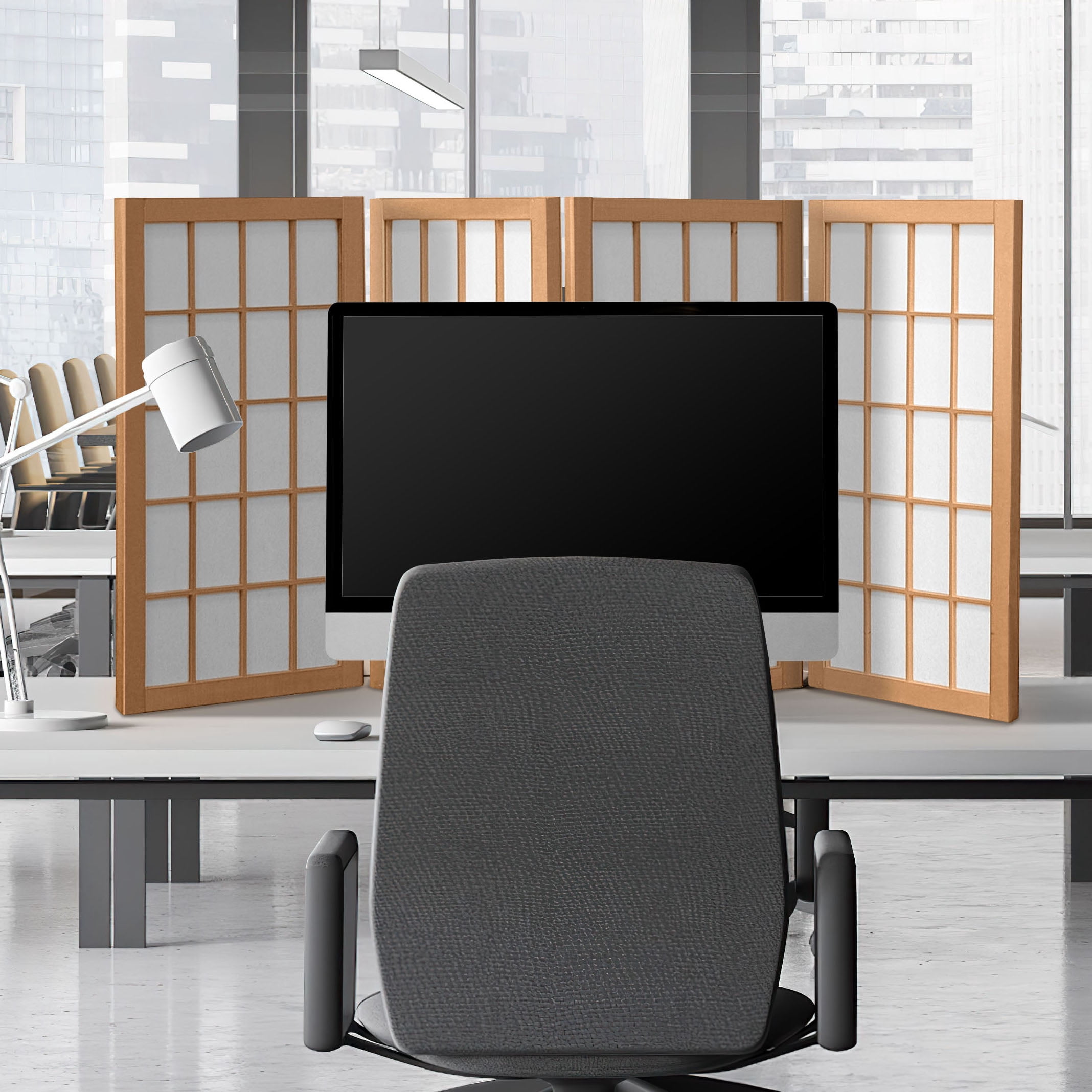 2 ft. Tall Desktop Window Pane Shoji Screen - Natural - 4 Panels