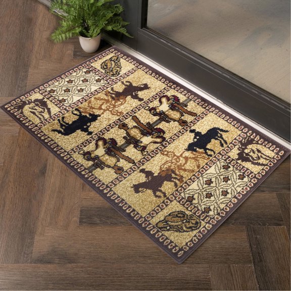 2 ft. x 3 ft. Beige Rug with Wild West Symbols / Stain - proof, Kid & Pet Friendly