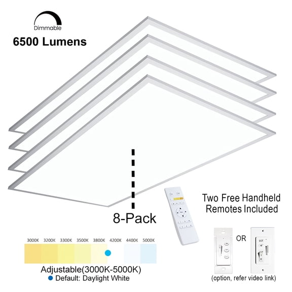 2 ft.x4 ft. 6500 Lumen 600W Equivalent White Dimmable Color Changing CCT Integrated LED Flat Panel Light Troffer(8-Pack)