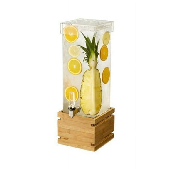 2 gal Rectangle Clear Acrylic Beverage Dispenser with Bamboo Base