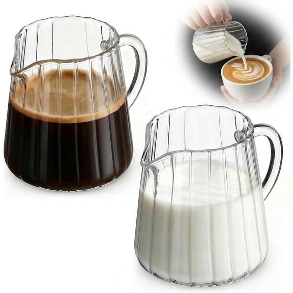2 glass creamer jugs: 8.5 ounces small glass jugs with nozzle and handle for coffee bar, small jugs for syrup, salad dressing, gravy, microwave, dishwasher safe, classic milk jug