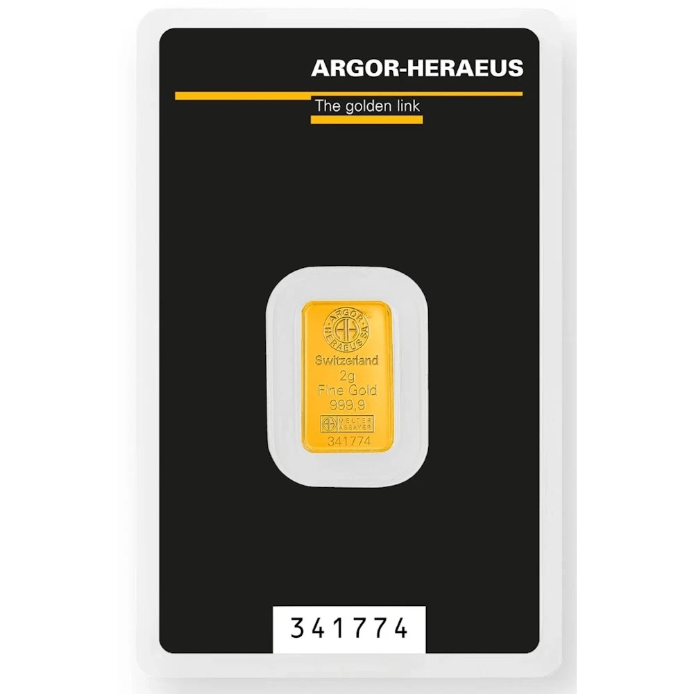 2 gram Gold Argor Heraeus Bar 2 g .9999 Fine Gold - In Assay