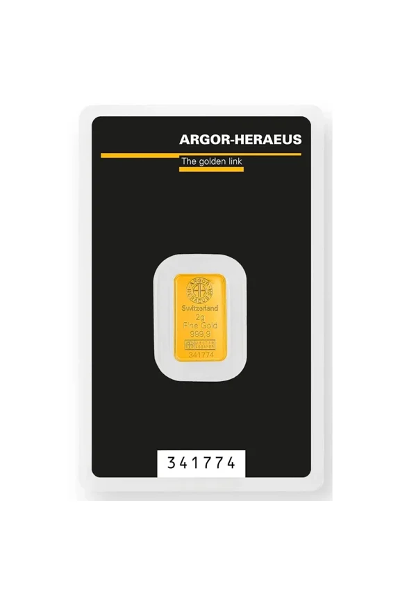 2 gram Gold Argor Heraeus Bar 2 g .9999 Fine Gold - In Assay