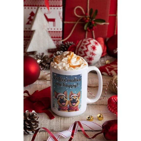 2 happy German Shepherd dogs Coffee makes me happy mug Christmas Edition  dog lover gift,Dog Mug,Dog Owner Gift, Gift Idea For Dog Lover, Dog Mom Dog Dad,fast shipping cute