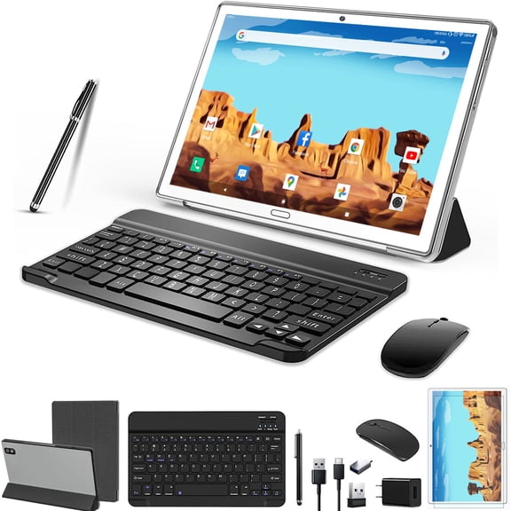 2-in-1 10 inch Android 11 Tablet, 4G Cellular Tablet with Keyboard Case, 4GB RAM 64GB Storage, 13MP Dual Cameras, IPS Full HD,WiFi Tablet, GPS, Silver