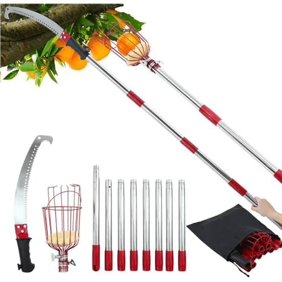 2-in-1 12 FT Pole Saw and Fruit Picker for Tree Trimming and Fruit Harvesting, SK5 Blade and High Carbon Steel Fruit Picker for Cutting High Branches and Fruit Grabber, Stainless Steel Pole