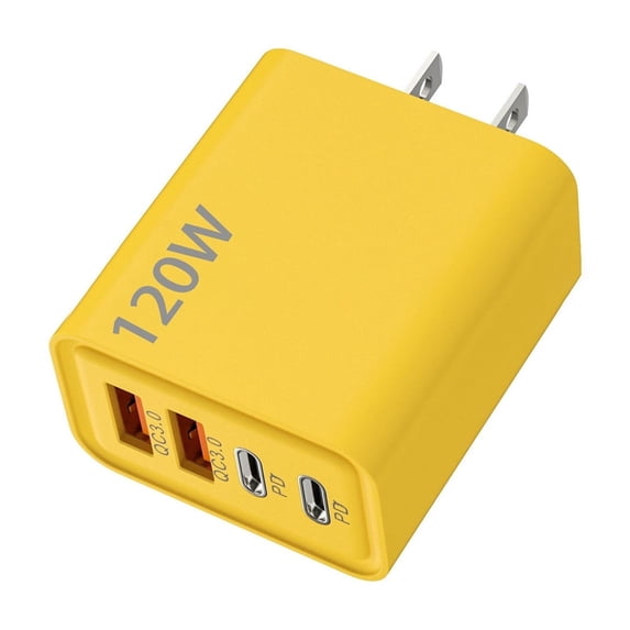 2-in-1 120W GaN Fast Charger with 2 Type-C & 2 USB Ports, Multi-Device Fast Charging Adapter for Phone, Tablet, Laptop, Travel, Portable Power Yellow