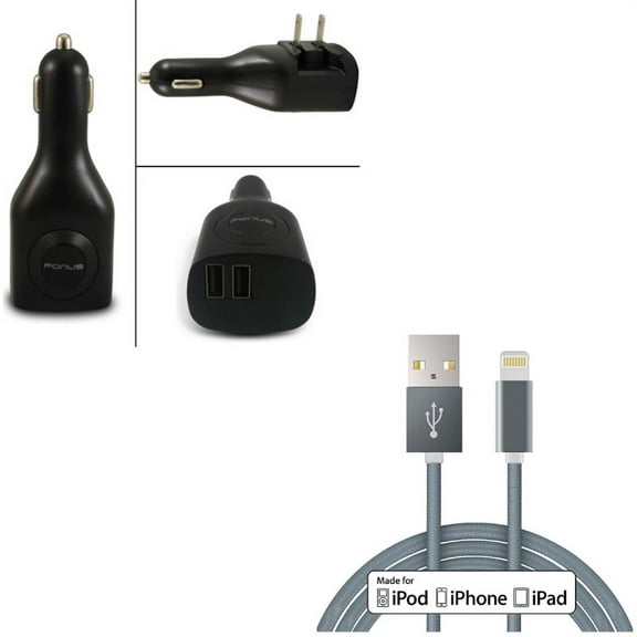 2-in-1 2-Port USB Car Home Charger w Certified 6ft MFi USB Cable R7K for iPod Touch 5, iPhone XS Max XR X, Nano 7th Gen, SE 7 Plus, iPad Pro 9.7, 11 Pro Max, Mini 3 Air, 8 PLUS 6S Plus, 10.5 4